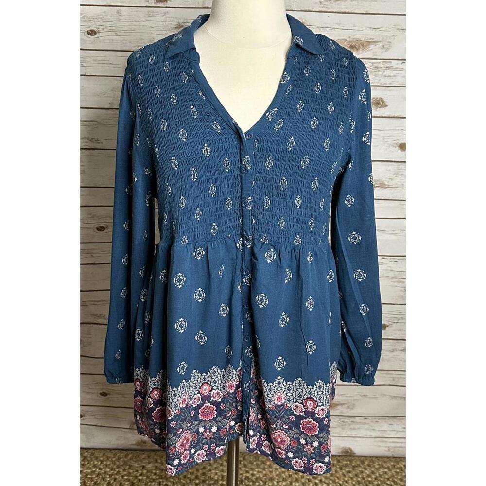 Torrid teal boho floral V-neck long sleeve smocked peplum blouse Size 2/2X - Picture 1 of 7